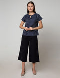 Connexion Short Sleeve Blouse Rayon Twill Print Stripes With Tie Neck