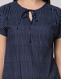 Connexion Short Sleeve Blouse Rayon Twill Print Stripes With Tie Neck