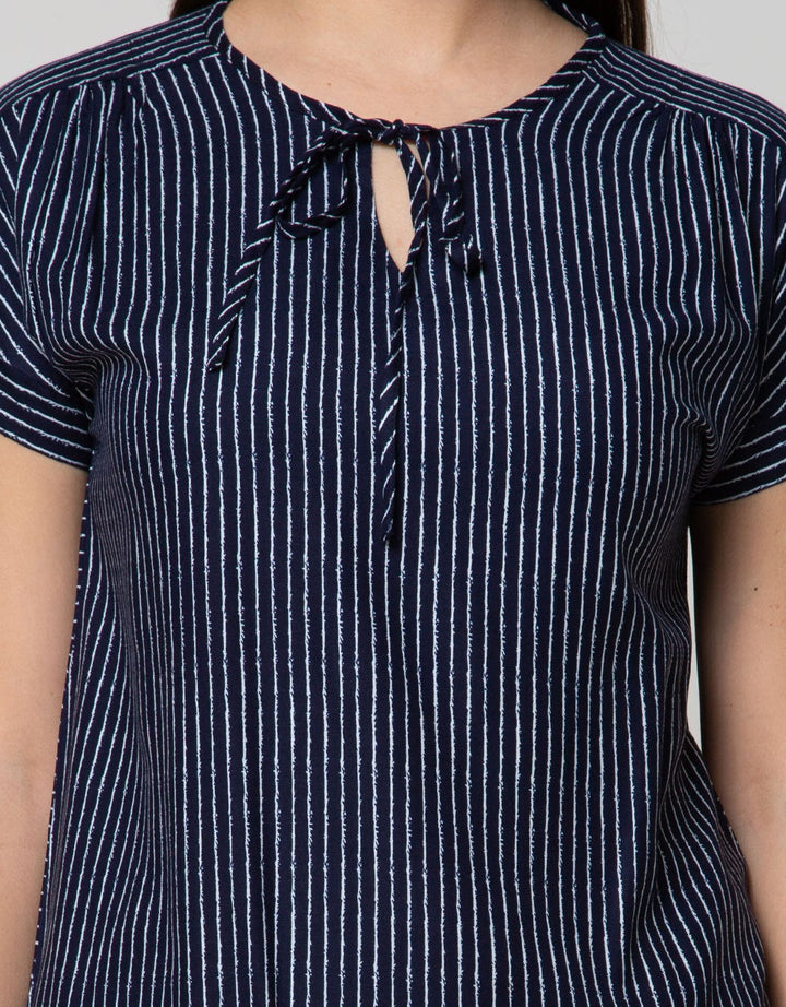 Connexion Short Sleeve Blouse Rayon Twill Print Stripes With Tie Neck