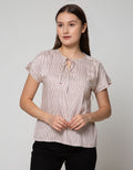 Connexion Short Sleeve Blouse Rayon Twill Print Stripes With Tie Neck
