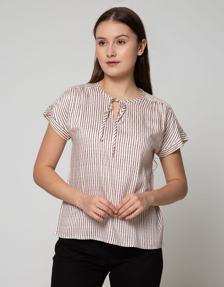 Connexion Short Sleeve Blouse Rayon Twill Print Stripes With Tie Neck