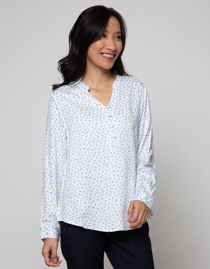 St. Yves Long Sleeve Blouse Top Print Flower With Roll Sleeves