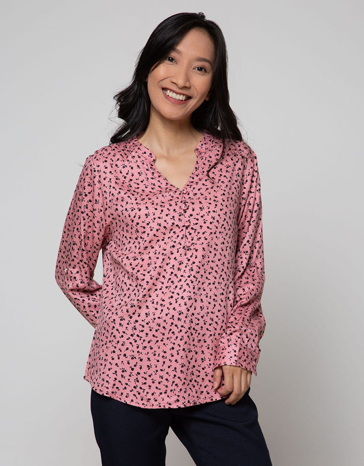St. Yves Long Sleeve Blouse Top Print Flower With Roll Sleeves