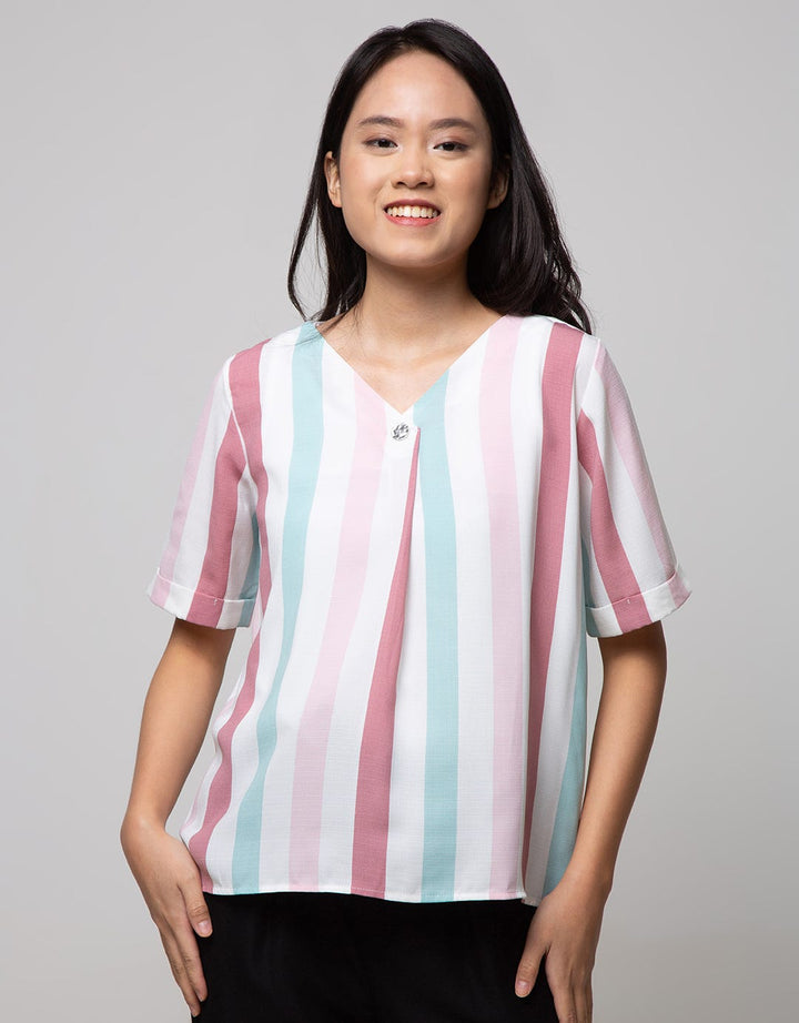 St. Yves Short Sleeve Blouse Top Text Print Stipe