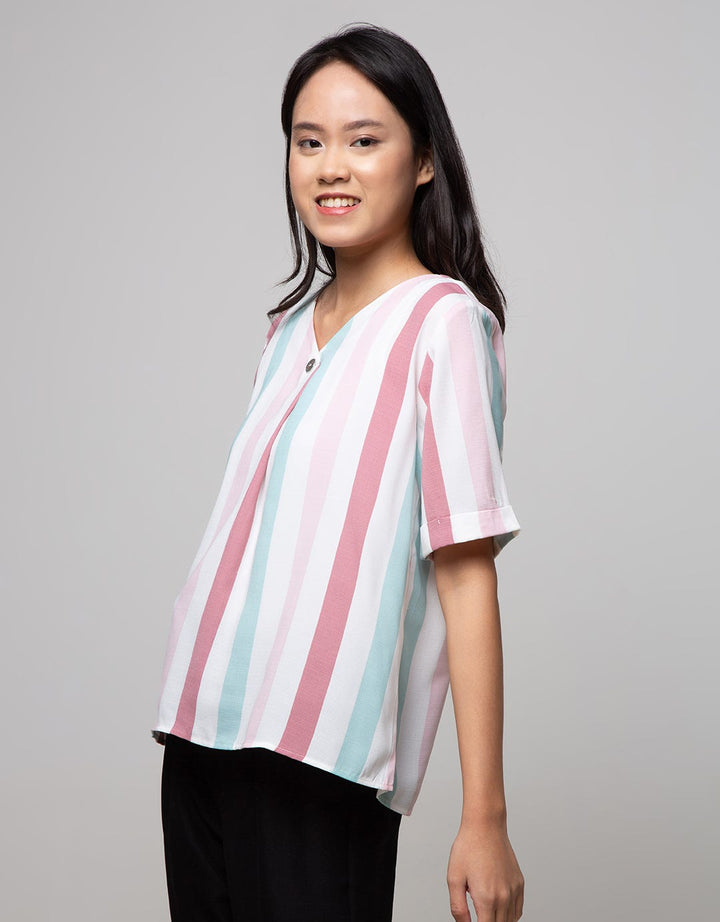 St. Yves Short Sleeve Blouse Top Text Print Stipe