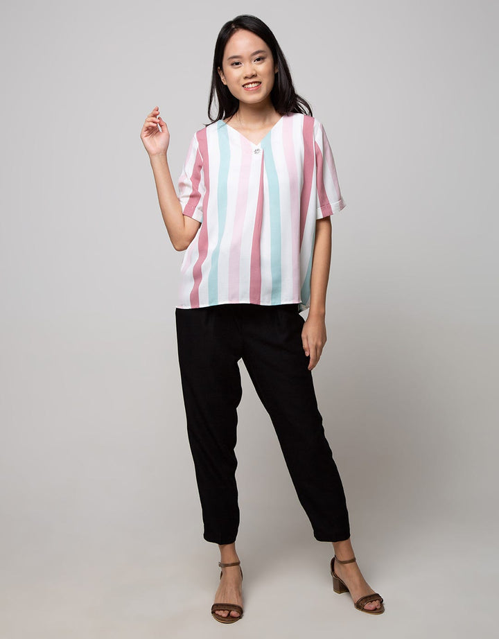 St. Yves Short Sleeve Blouse Top Text Print Stipe