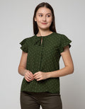 Connexion Short Sleeve Blouse Ruffle Sleeve With Tie Neck Ib53:Olive:S:Print:Short Sleeve Blouse