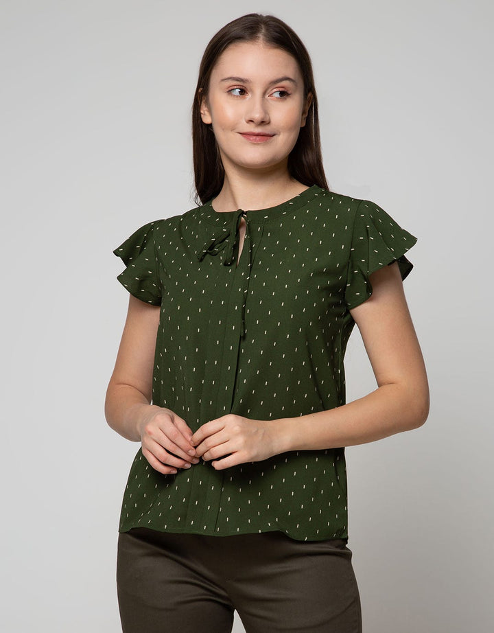 Connexion Short Sleeve Blouse Ruffle Sleeve With Tie Neck Ib53:Olive:S:Print:Short Sleeve Blouse
