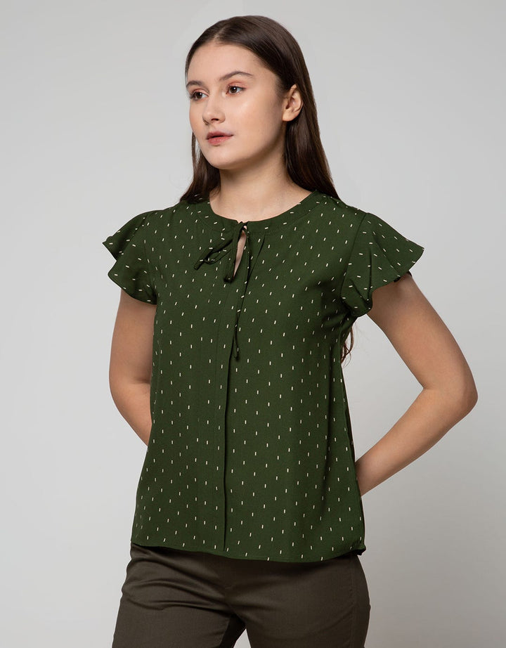 Connexion Short Sleeve Blouse Ruffle Sleeve With Tie Neck Ib53:Olive:S:Print:Short Sleeve Blouse