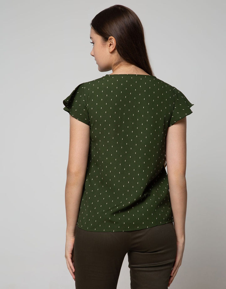 Connexion Short Sleeve Blouse Ruffle Sleeve With Tie Neck Ib53:Olive:S:Print:Short Sleeve Blouse