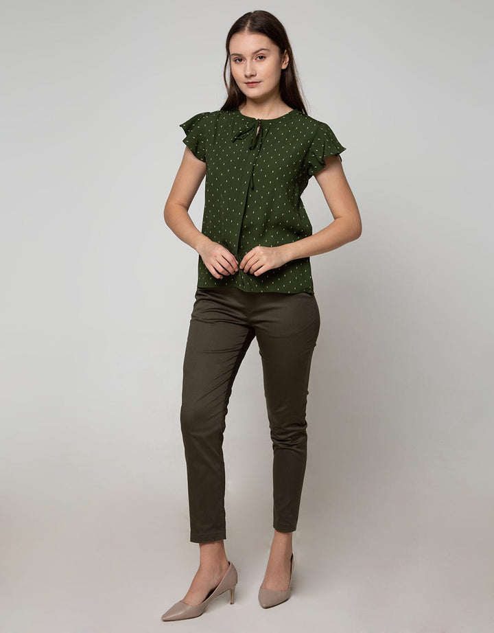 Connexion Short Sleeve Blouse Ruffle Sleeve With Tie Neck Ib53:Olive:S:Print:Short Sleeve Blouse