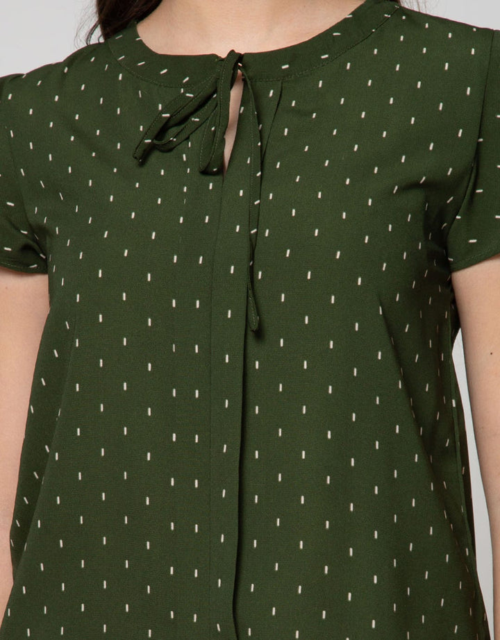 Connexion Short Sleeve Blouse Ruffle Sleeve With Tie Neck Ib53:Olive:S:Print:Short Sleeve Blouse