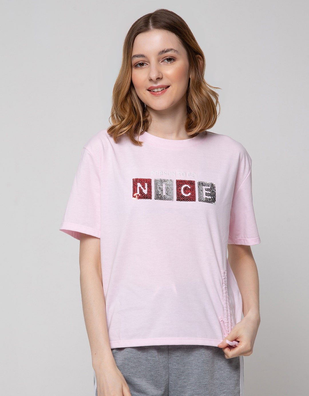 Nevada Short Sleeve T-Shirt Solid Sequin Person To Be Nice