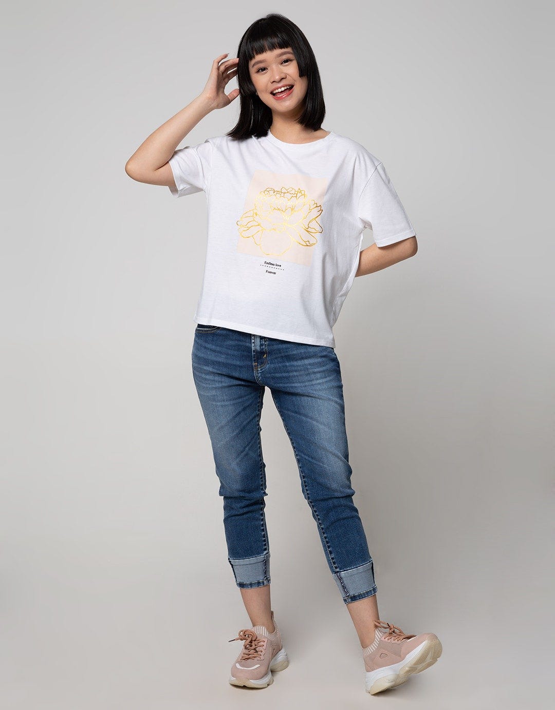 Details Short Sleeve T-Shirt Tee W Flow Gold Print 