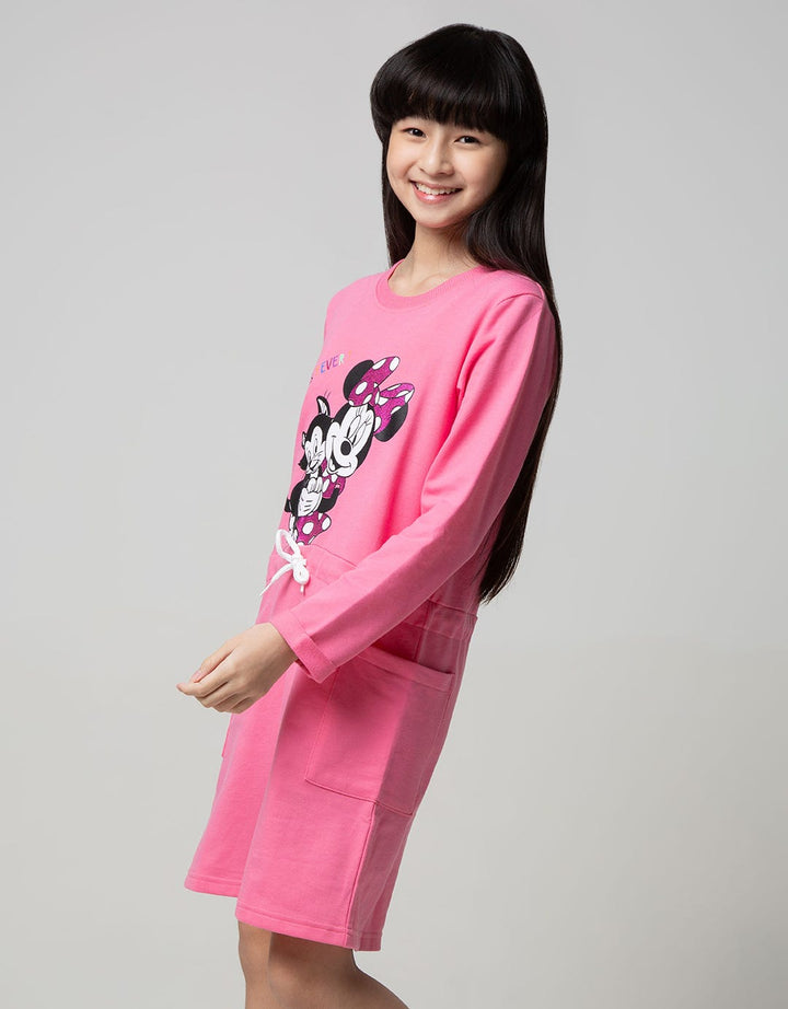 Disney Minnie Cute Ever Long Sleeve Midi Dress Pinggang Karet