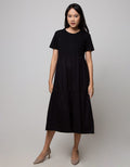 Details Maxi Dress With Round Neck And Combo Fabric