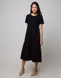Details Maxi Dress With Round Neck And Combo Fabric