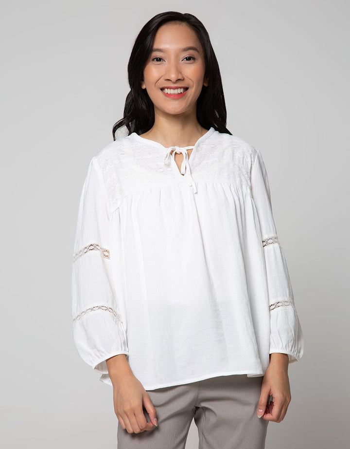 Connexion Long Sleeve Blouse Cut N Sewn Lace Sleeve Tie Vneck Ruffle