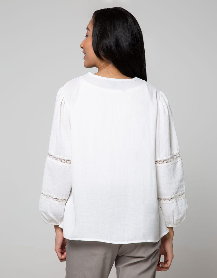 Connexion Long Sleeve Blouse Cut N Sewn Lace Sleeve Tie Vneck Ruffle