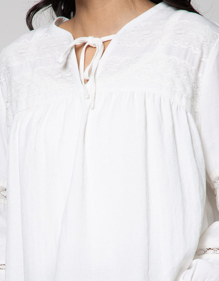 Connexion Long Sleeve Blouse Cut N Sewn Lace Sleeve Tie Vneck Ruffle