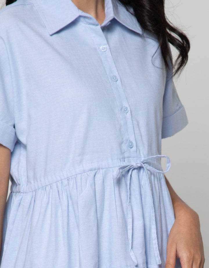 Details Short Sleeve Mini Dress Short With Shirt Collar And Belt String
