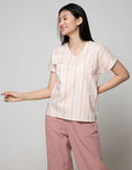 Connexion Short Sleeve Blouse Print Cott Slib Stripes Turnup Cuff