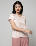 Connexion Short Sleeve Blouse Print Cott Slib Stripes Turnup Cuff