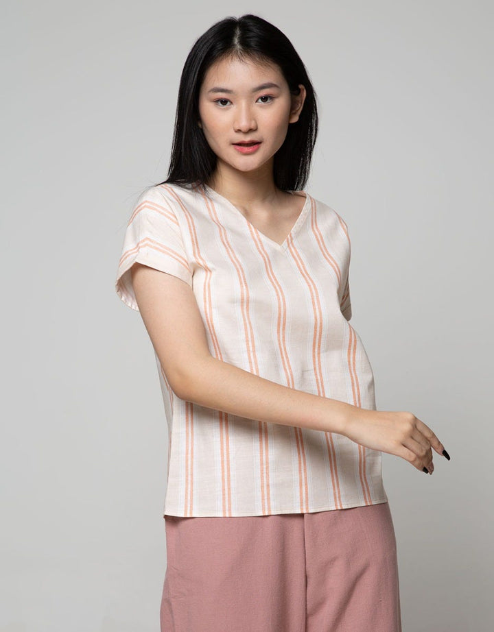 Connexion Short Sleeve Blouse Print Cott Slib Stripes Turnup Cuff