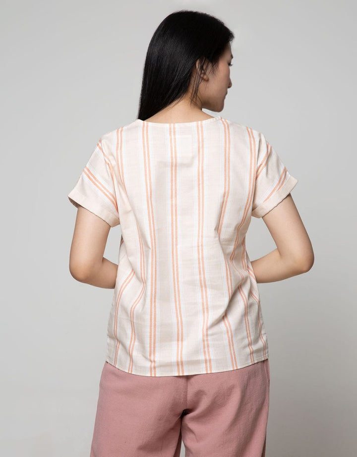 Connexion Short Sleeve Blouse Print Cott Slib Stripes Turnup Cuff