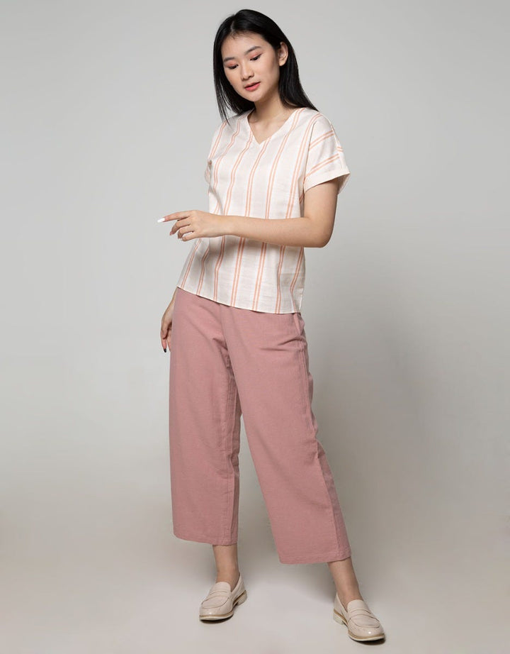 Connexion Short Sleeve Blouse Print Cott Slib Stripes Turnup Cuff