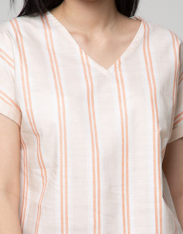 Connexion Short Sleeve Blouse Print Cott Slib Stripes Turnup Cuff
