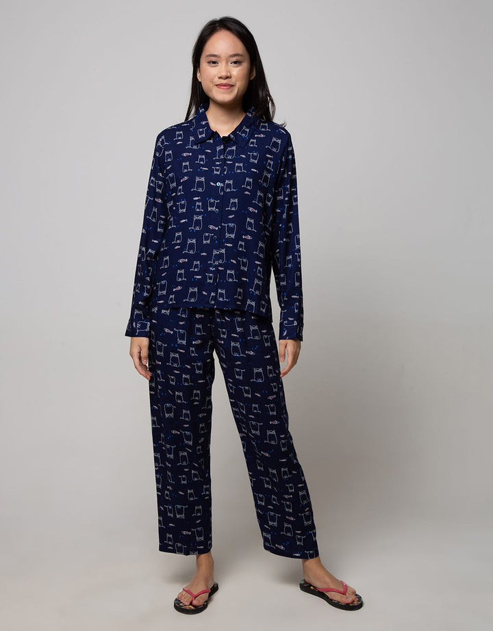 Nevada Long Sleeve Pajama Pants Fishy Cat