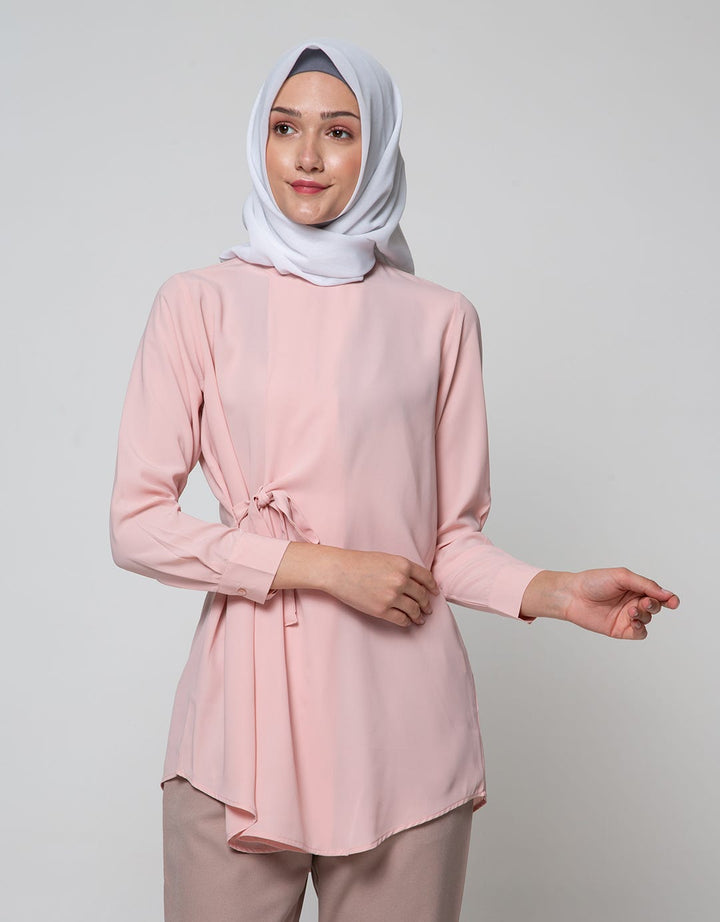 Annisa Long Sleeve Tunic With Overlap Side Tie And Curved Hem