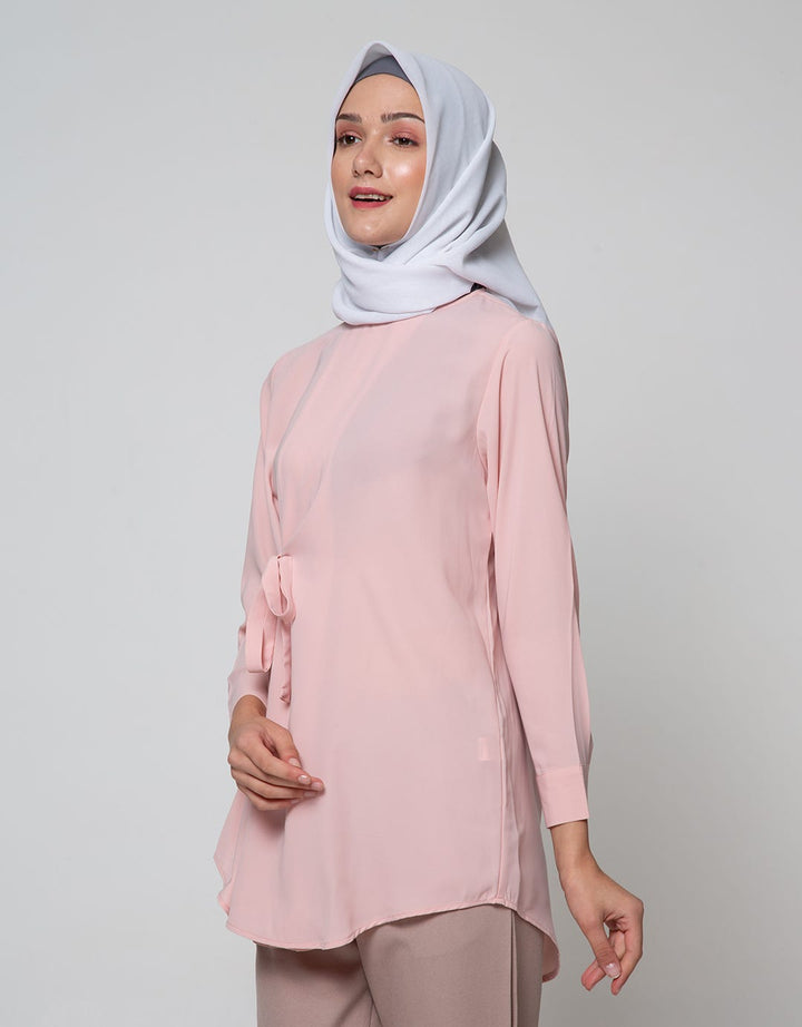 Annisa Long Sleeve Tunic With Overlap Side Tie And Curved Hem