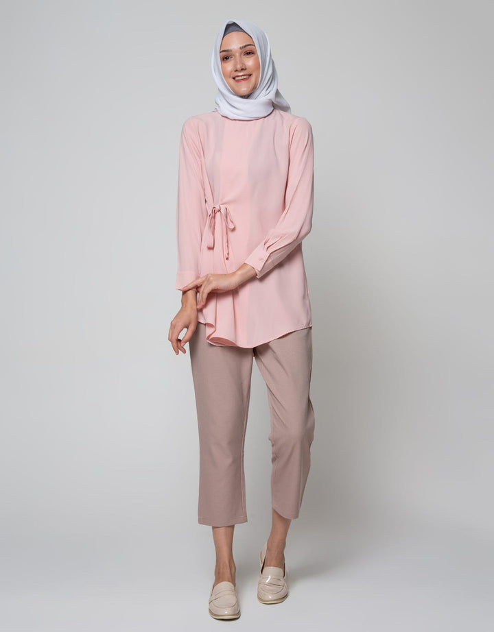 Annisa Long Sleeve Tunic With Overlap Side Tie And Curved Hem