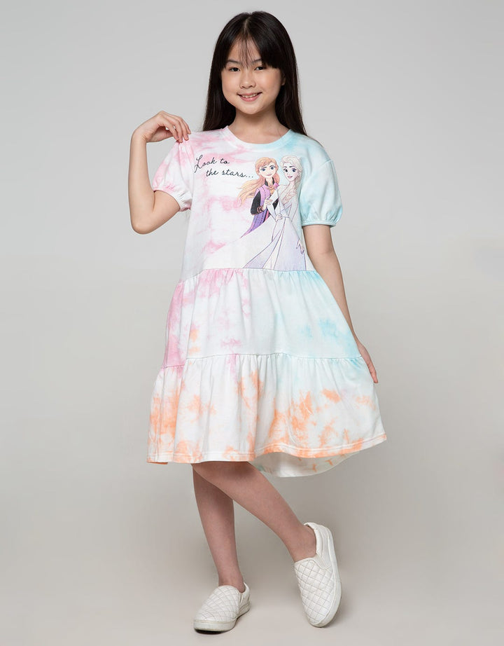 Disney Frozen Tye Dye Anna Elsa Short Sleeve Midi Dress