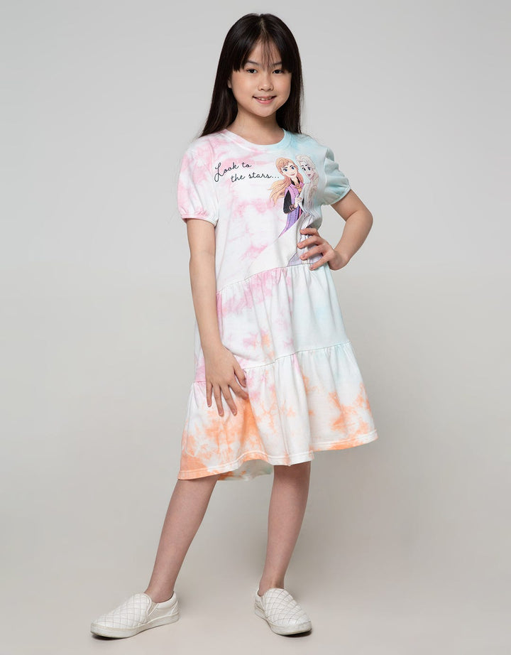 Disney Frozen Tye Dye Anna Elsa Short Sleeve Midi Dress