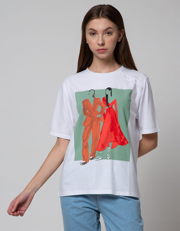 Details Short Sleeve T-Shirt Printed W Fake Buttons