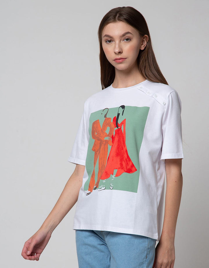 Details Short Sleeve T-Shirt Printed W Fake Buttons