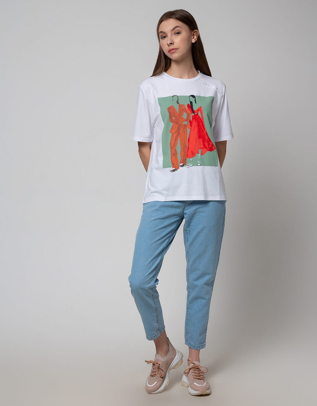 Details Short Sleeve T-Shirt Printed W Fake Buttons