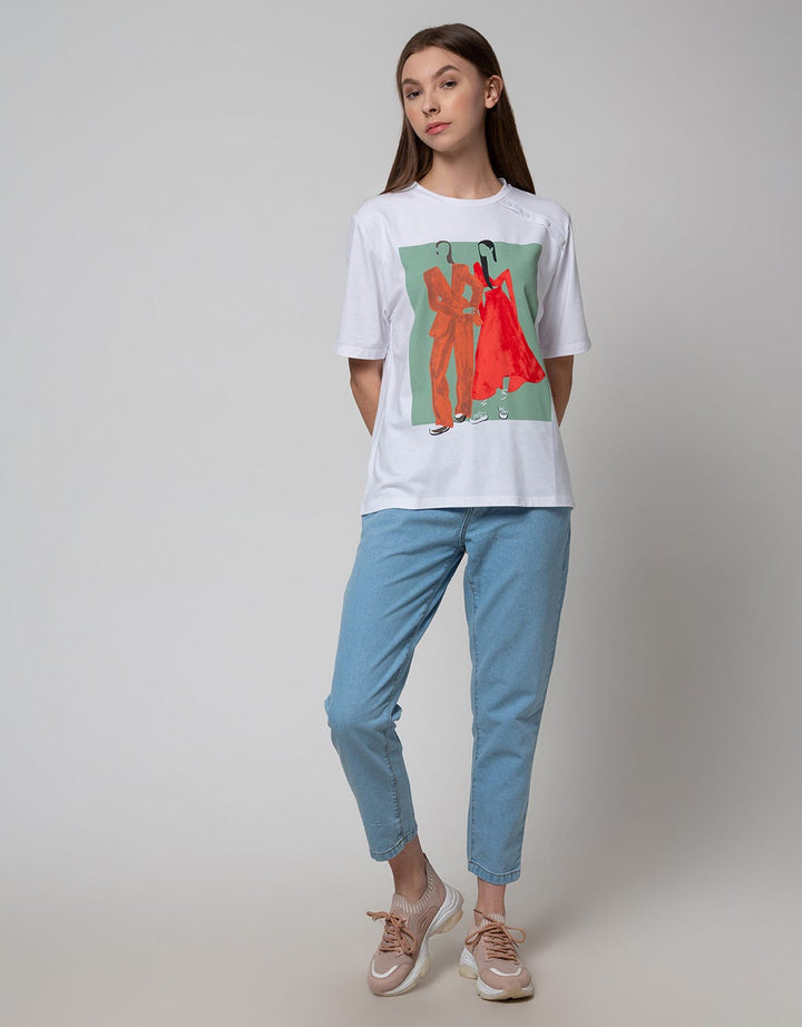 Details Short Sleeve T-Shirt Printed W Fake Buttons