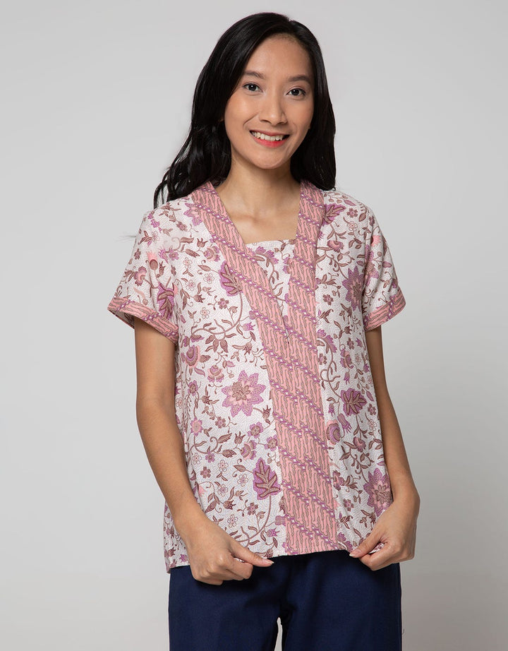 Connexion Short Sleeve Blouse V-neck List Batik Print Flower Kebaya Look