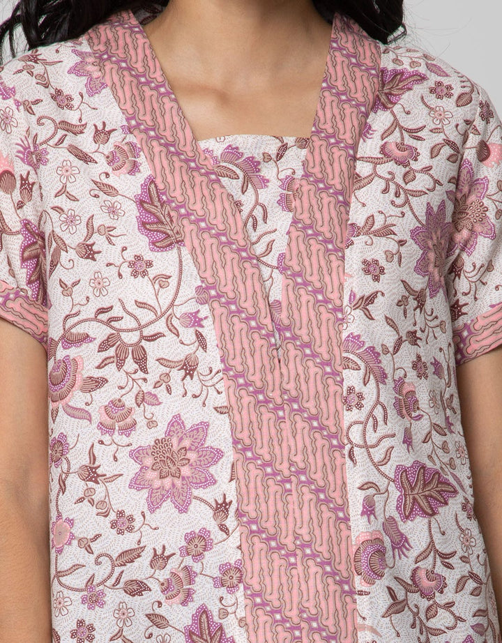 Connexion Short Sleeve Blouse V-neck List Batik Print Flower Kebaya Look