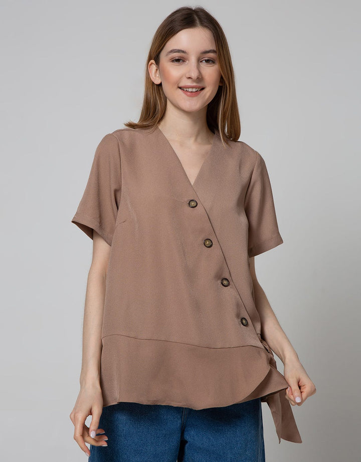 Details Short Sleeve Blouse V Neck With Buttons