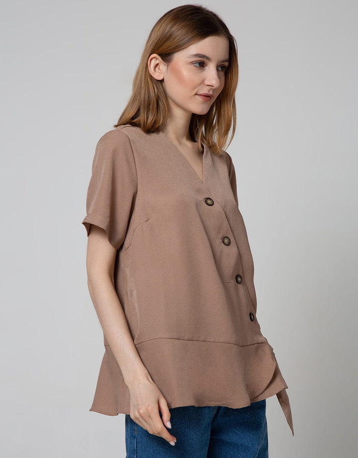 Details Short Sleeve Blouse V Neck With Buttons