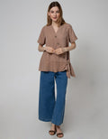 Details Short Sleeve Blouse V Neck With Buttons