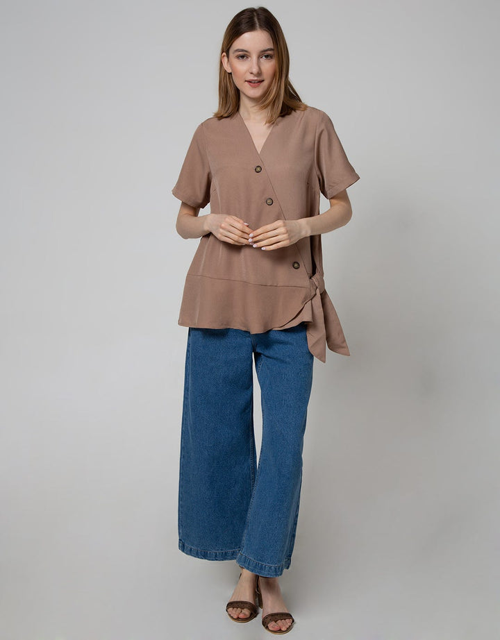 Details Short Sleeve Blouse V Neck With Buttons