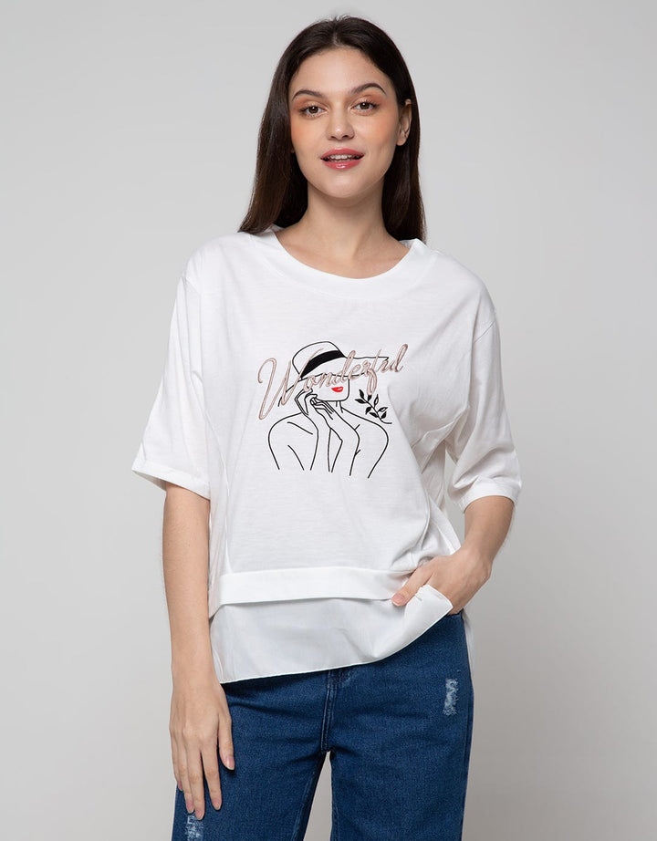 Details Short Sleeve T-Shirt With Embroidery-Print And Asymetric Bottom
