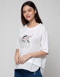 Details Short Sleeve T-Shirt With Embroidery-Print And Asymetric Bottom