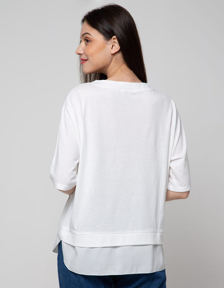 Details Short Sleeve T-Shirt With Embroidery-Print And Asymetric Bottom